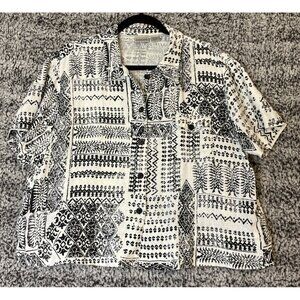 Chicos 3 US Size XL Button Shirt Top White Black Short‎ Sleeve Linen Geometric